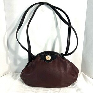 Vintage Kenneth Amann Leather Bucket Shoulder Bag Maroon Double Handle Button